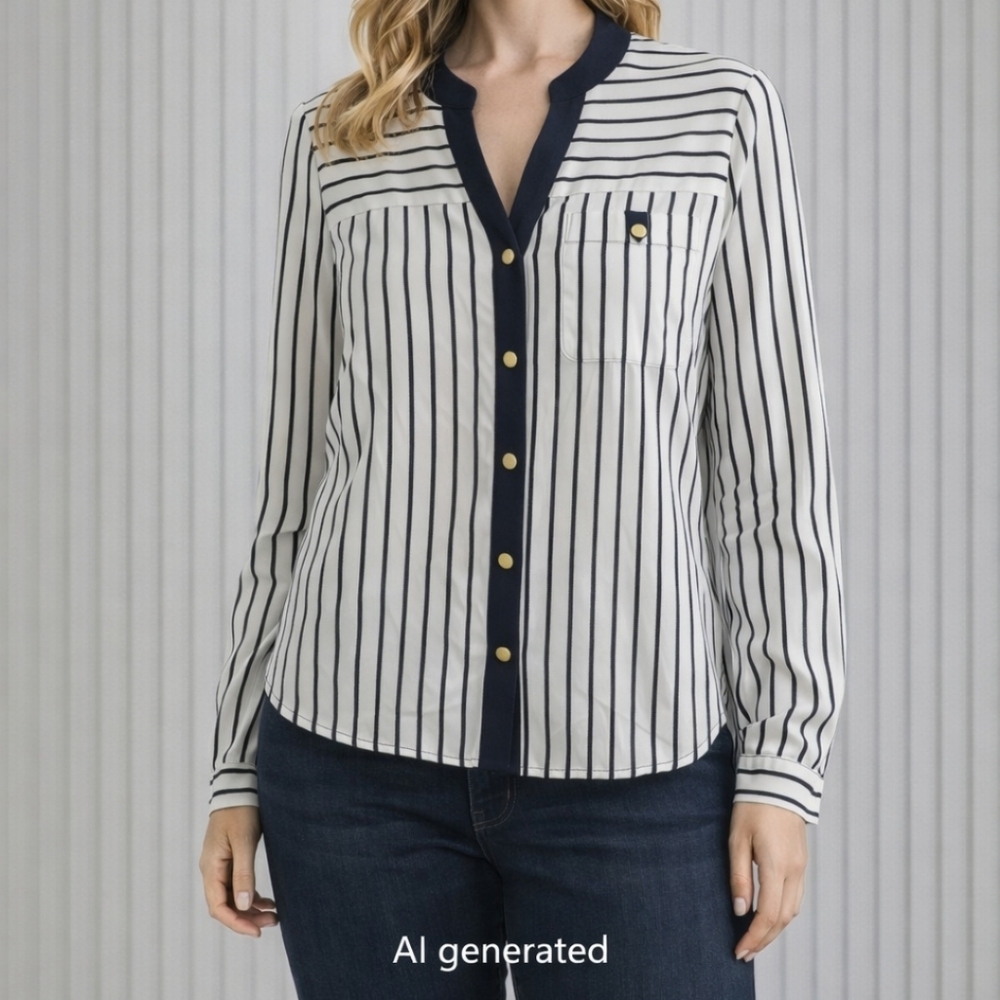 Title:Anne Klein Navy & White Striped long sleeve blouse Gold tone Size Small.